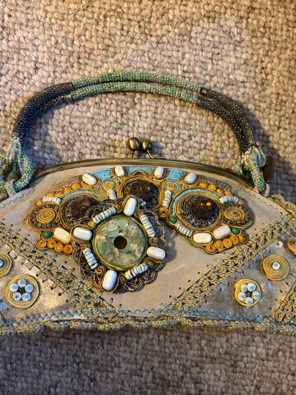 Mary Frances Embellished Beaded Handle Clutch in Olive, Gold and Cream